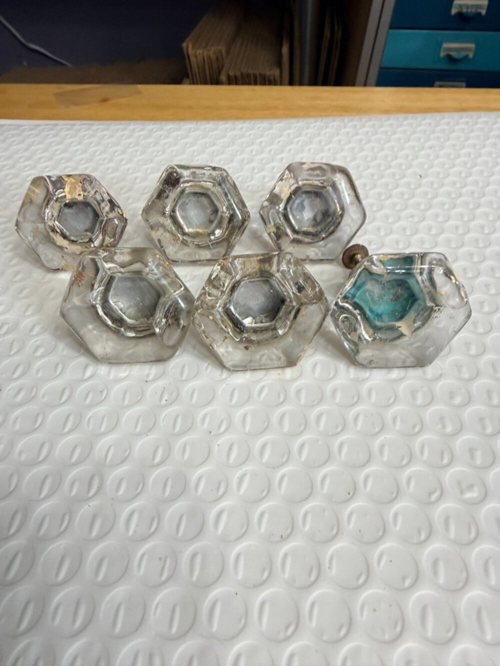 Vintage Clear Glass Cabinet Pulls Knobs Lot Of 6 Antique Hexagon